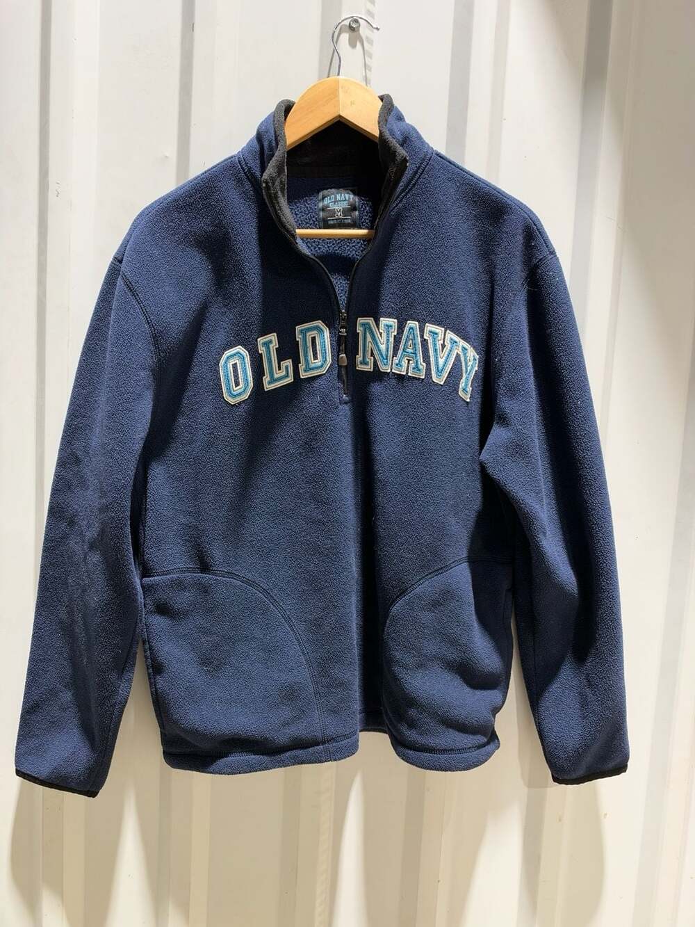 Old Navy quarter Zip Fleece Pullover Size M Blue Applique Logo Spell Out